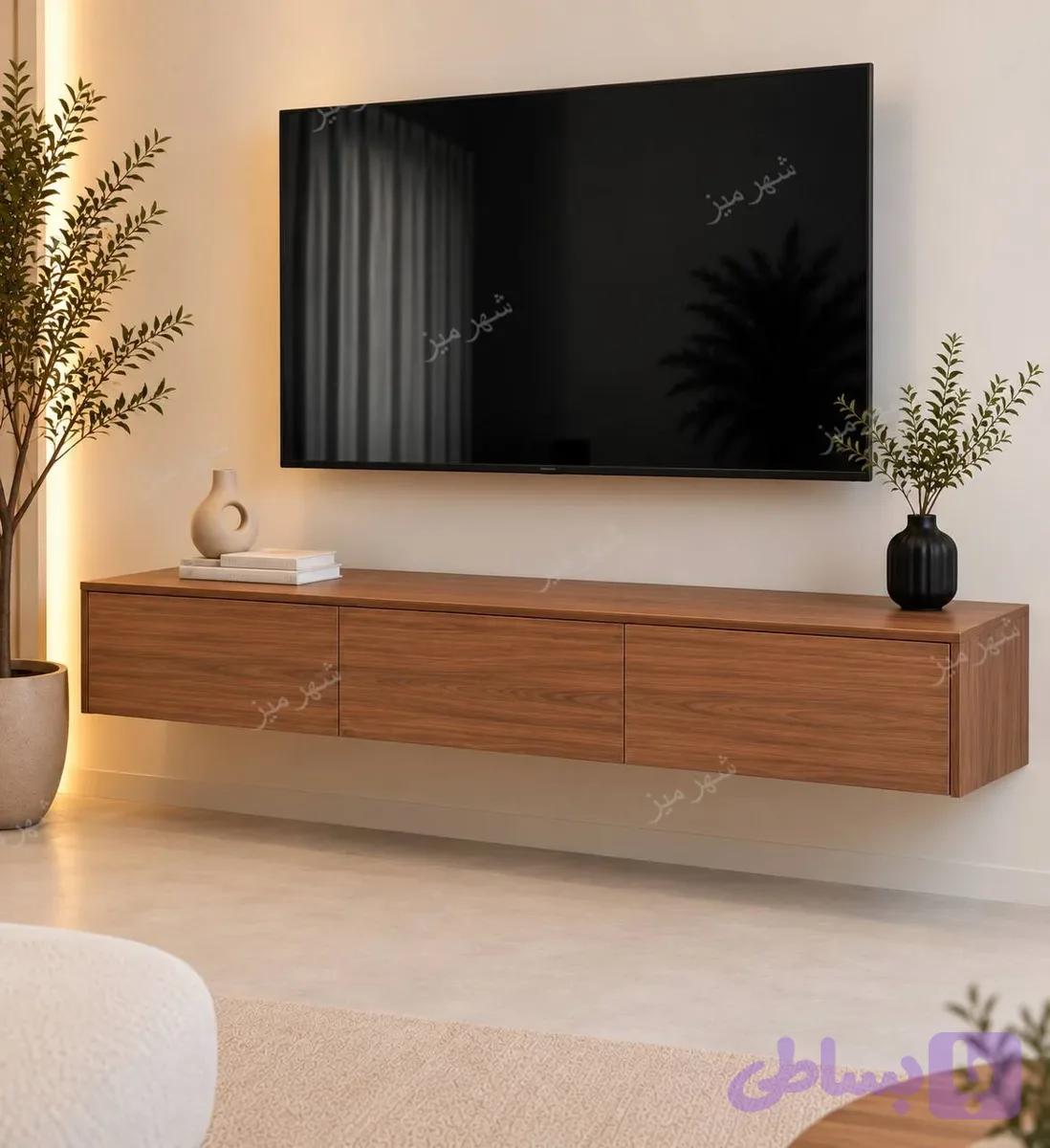 میز تلویزیون دیواری مدل هامون رنگ کرم گردویی — تصویر 1