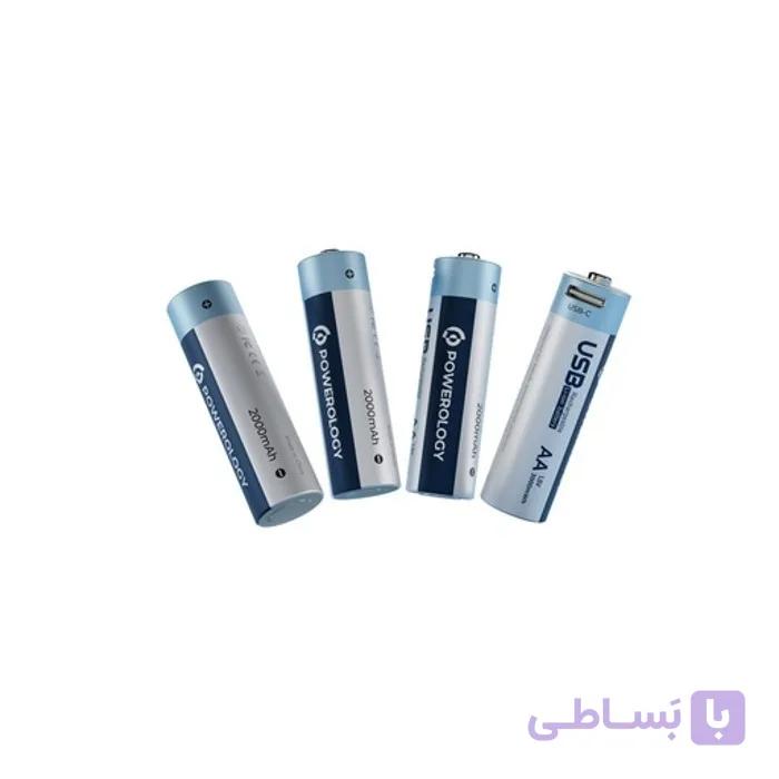 باتری قلمی قابل شارژ پاورولوژی Powerology مدل PRUBAA4(بسته 4 عددی همراه کابل شارژ)