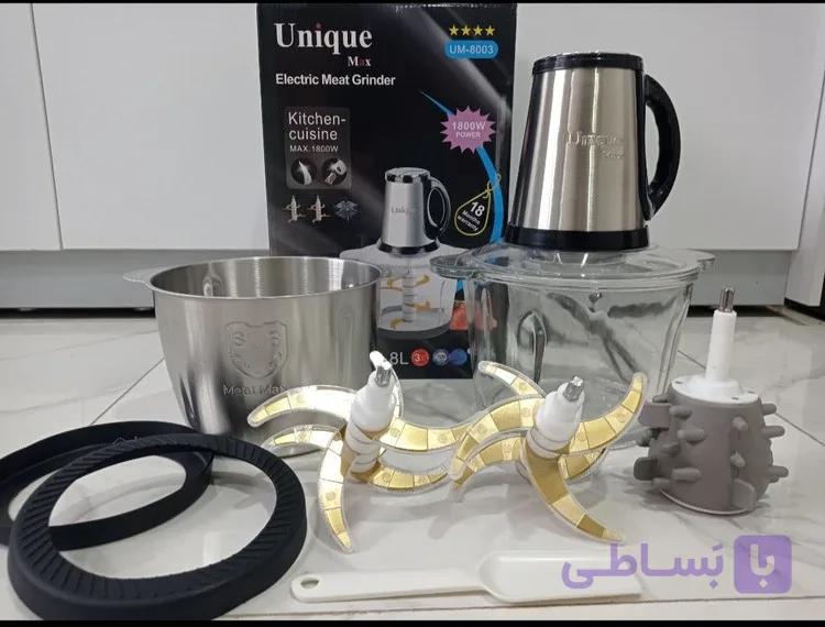 خردکن دوکاسه 3/8 لیتر یونیک مکس- 6+6 تیغه تیتانیوم طلایی همراه با سیرپوست کن و کاردک مدل 8003