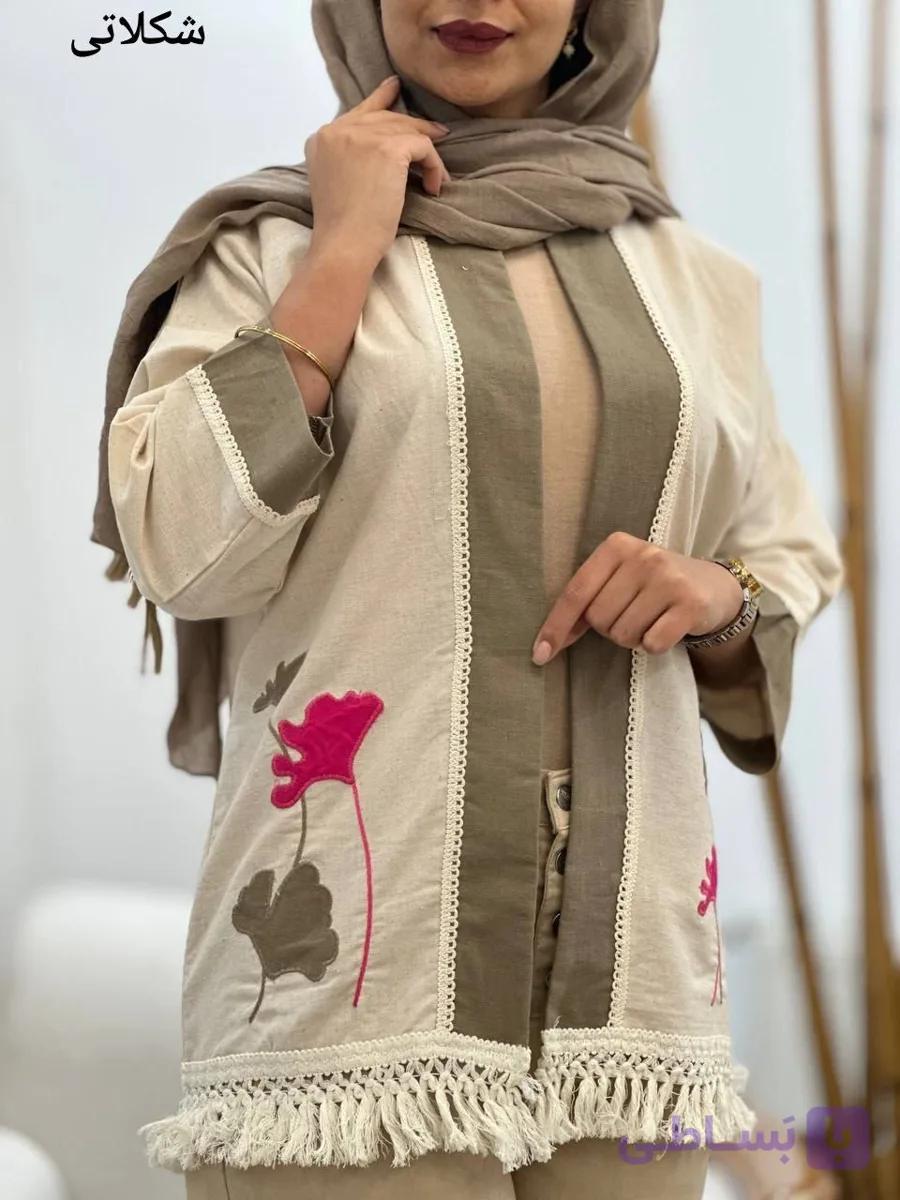 کت لنین گلدوزی و تک دوزی شده پایین ریش