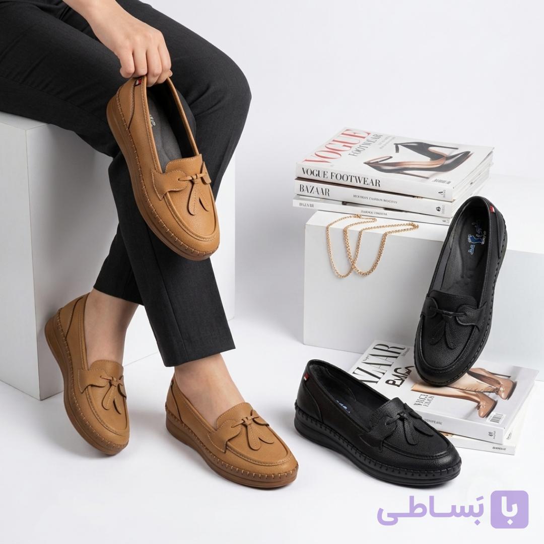 کفش طبی زنانه مدل رستا (طرح کلاسیک دوردوخت منگوله‌دار، کفی تخصصی ضد درد و خارپاشنه، رویه چرم فلوتر نرم) — تصویر 1