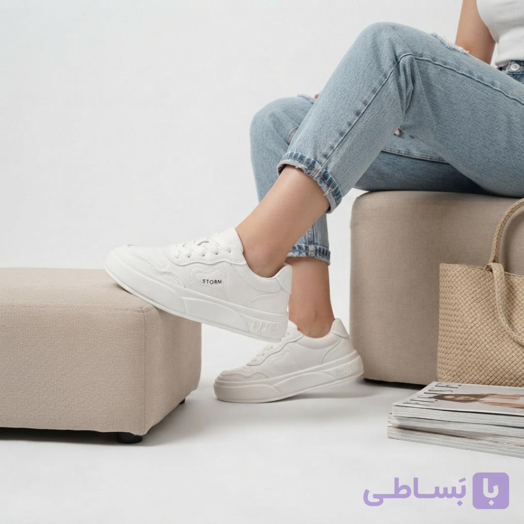 کتونی ونس دخترانه مدل استلا (طرح مینیمال تمام‌سفید با لژ یکسره و جزییات STORM) — تصویر 1
