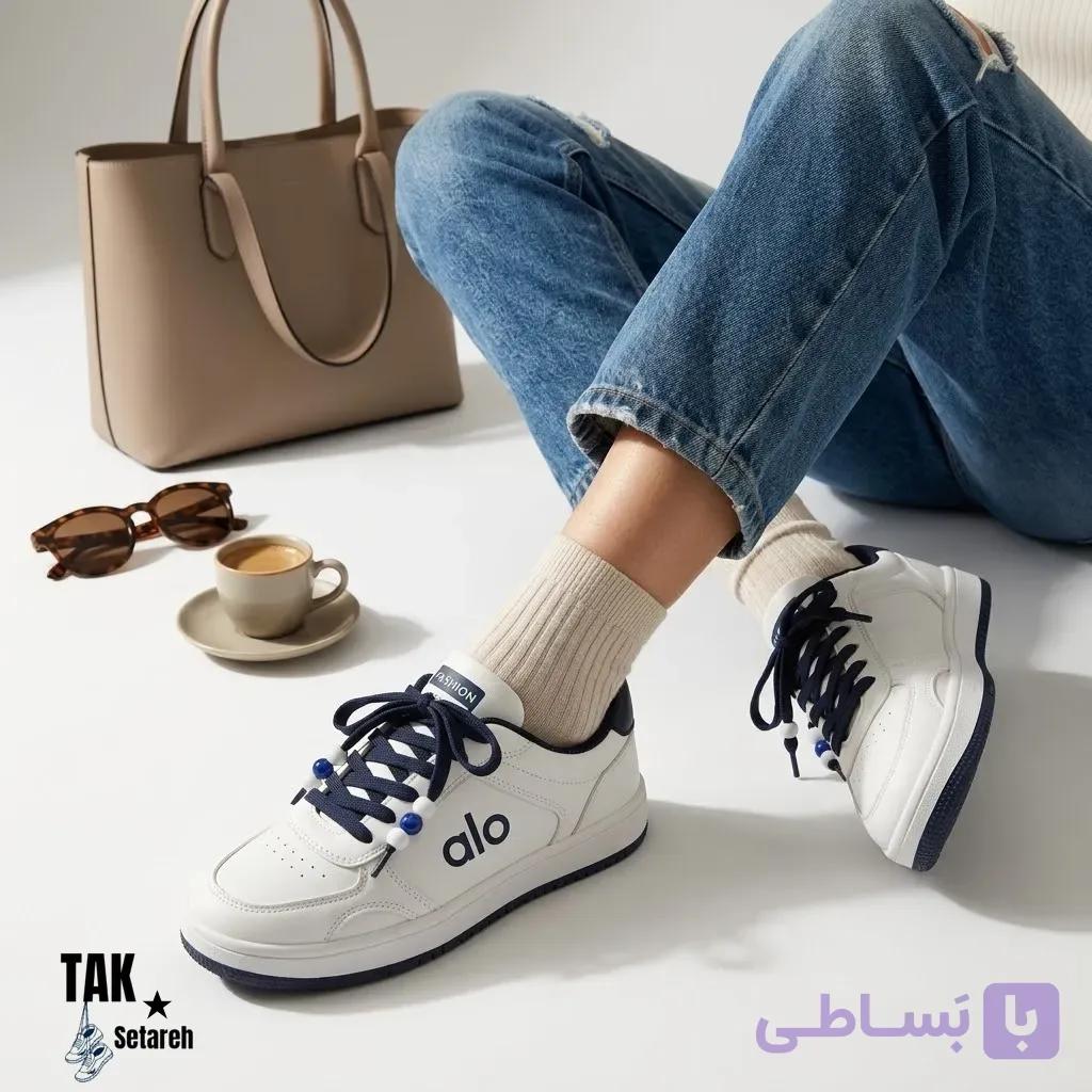کتونی اسپرت زنانه مدل آلو (طراحی استریت‌ویر ترندی با مهره‌های تزیینی بند، رویه چرم صنعتی ضدآب و زیره تخت کژوال) — تصویر 1