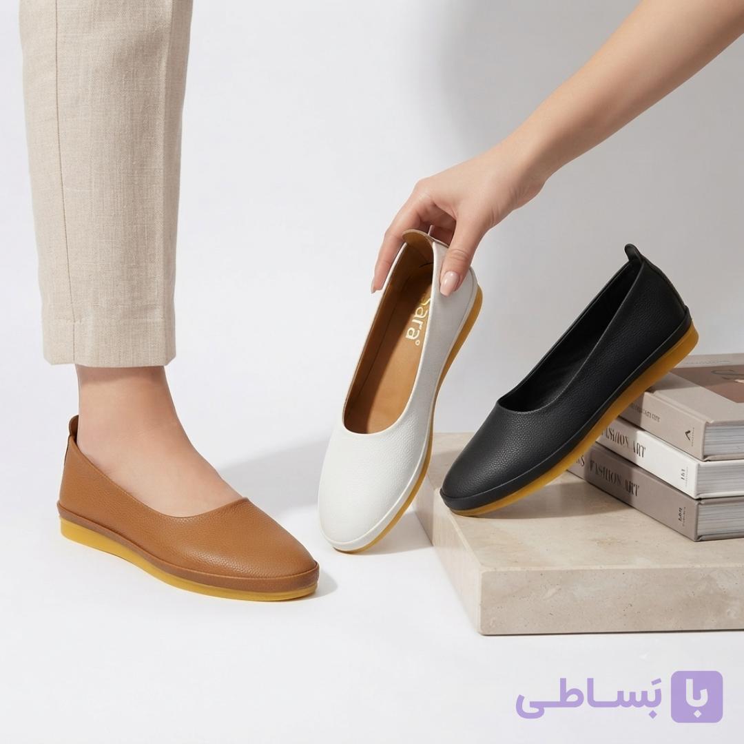 کفش کالج زنانه مدل نوا (طرح تخت مینیمال با رویه چرم فلوتر و زیره عسلی) — تصویر 1