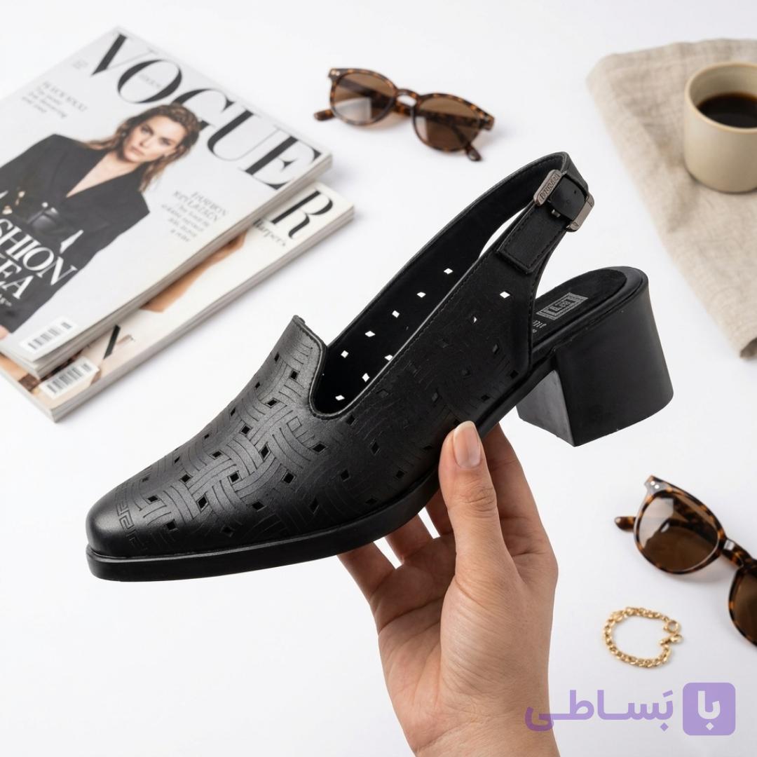 صندل زنانه مجلسی مدل ونوس چرم مشکی پاشنه دار شیک و راحت — تصویر 1