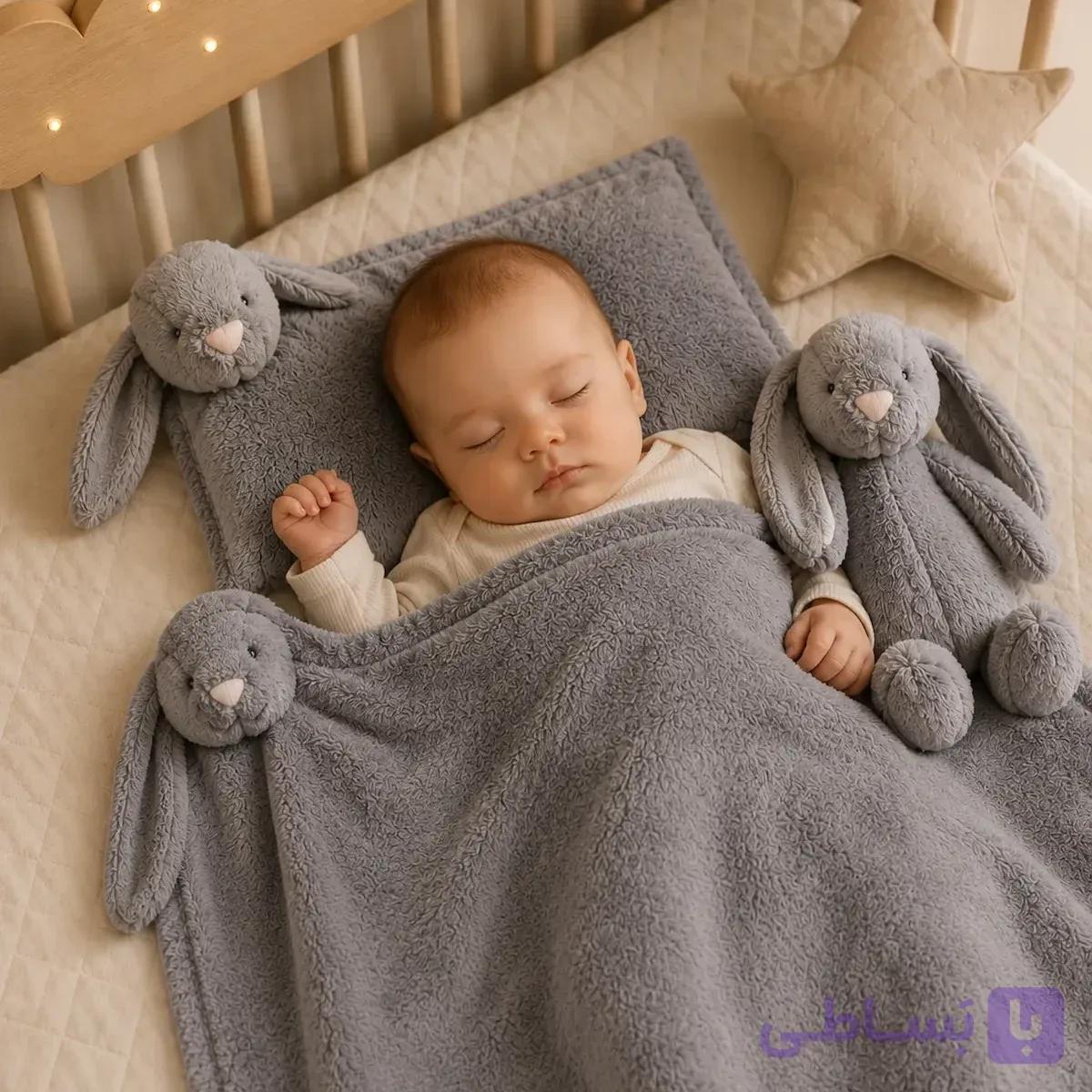 ست پتو و بالش نوزاد نی‌نی‌سیس طرح خرگوش Jellycat به همراه عروسک | سایز پتو ۸۰×۸۰ و بالش ۲۷×۳۸ | مناسب سیسمونی و هدیه نوزاد — تصویر 1
