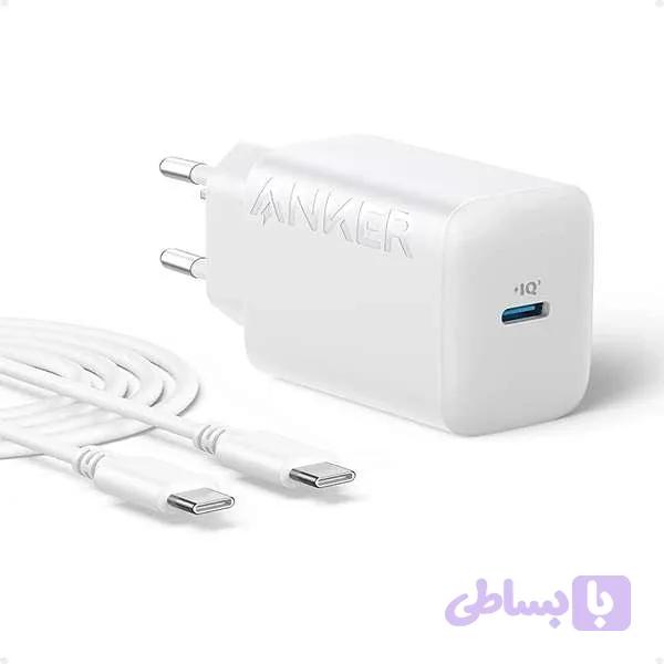 شارژر دیواری 20 وات انکر مدل B2347 با اتصال به پریز دوشاخه و تکنولوژی شارژ سریع USB PD 1.0، دارای درگاه خروجی USB Type-C، به همراه کابل USB Type-C به طول 150 سانتی‌متر
