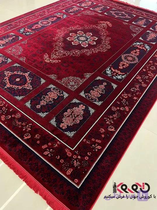فرش خشتی ترنج دار 1200 شانه طرح کتیبه لاکی — تصویر 1