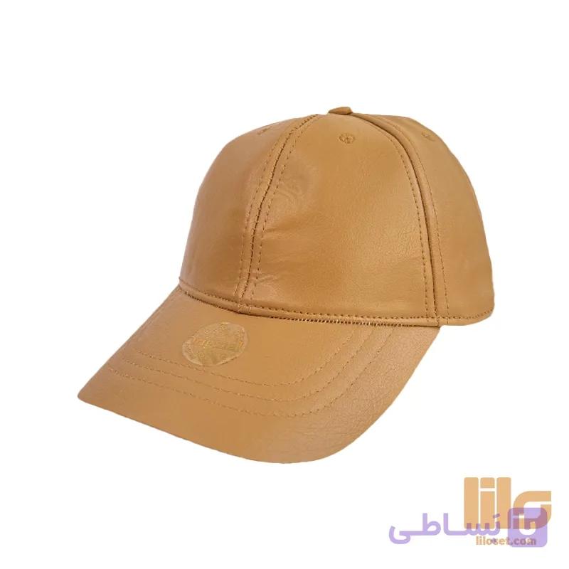کلاه بیسبالی چرم ساده عسلی — تصویر 1
