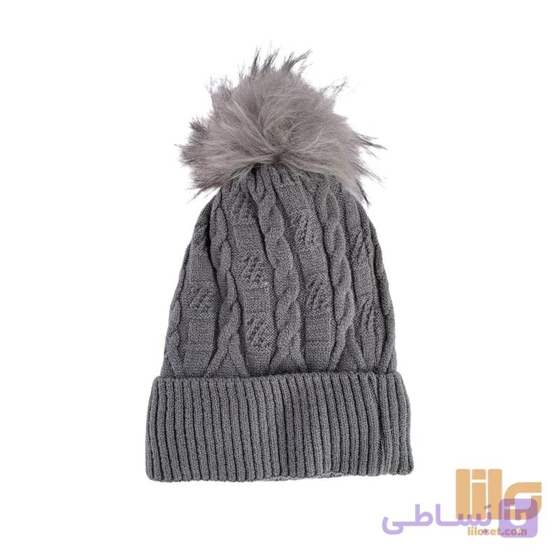 کلاه بافت پومدار دخترانه کرک دار طوسی — تصویر 1