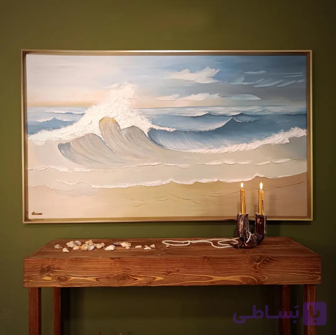 تابلو نقاشی دکوراتیو برجسته دریا و قایق ۷۰ در ۱۰۰ تمام کار دست