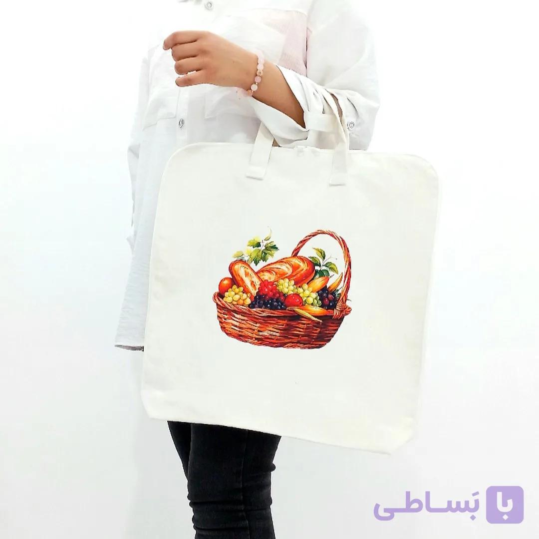 کیسه پارچه ای خرید و نگهداری نان (حجم دار – سه طرف زیپ) – طرح سبد نان — تصویر 1