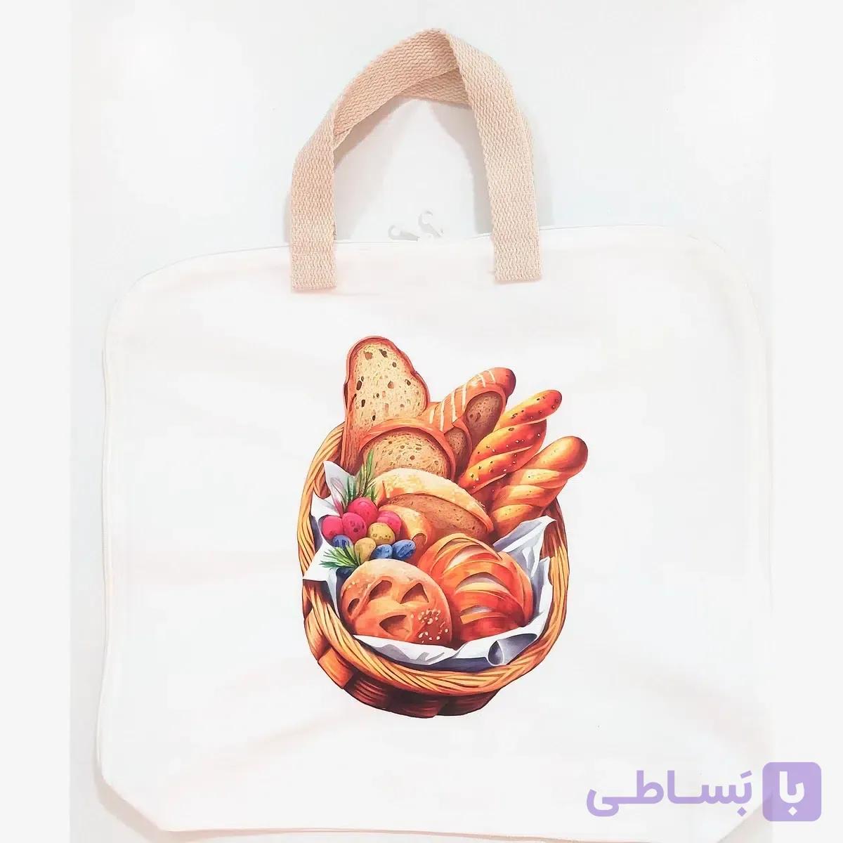 کیسه خرید نان پارچه ای حجم دار زیپ دار طرح سبد انواع نان (توت بگ) — تصویر 1