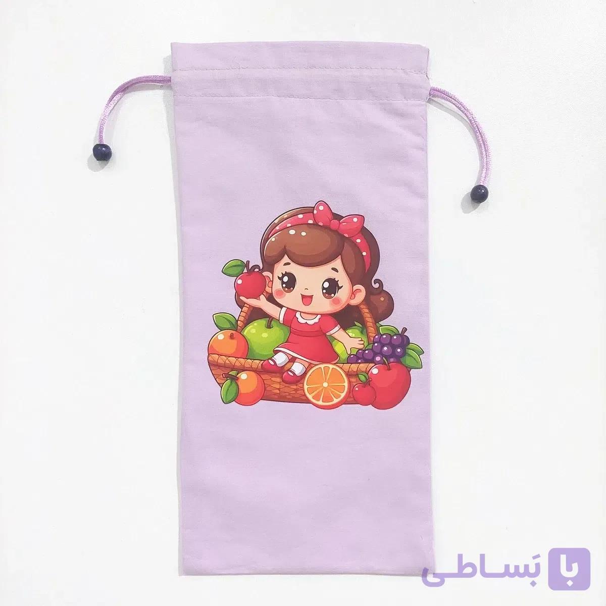 کیسه لقمه پارچه ای دو لایه فریدا طرح دختر و سبد میوه (کیف لقمه) — تصویر 1