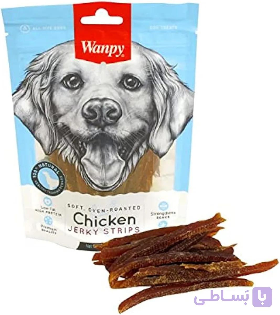 تشویقی سگ ونپی طعم مرغ مدل jerky strips chicken وزن 100 گرم