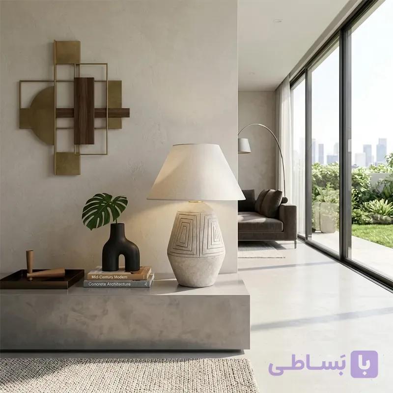 آباژور رومیزی مدرن سفالی پتینه الارا با طرح حکاکی — تصویر 1