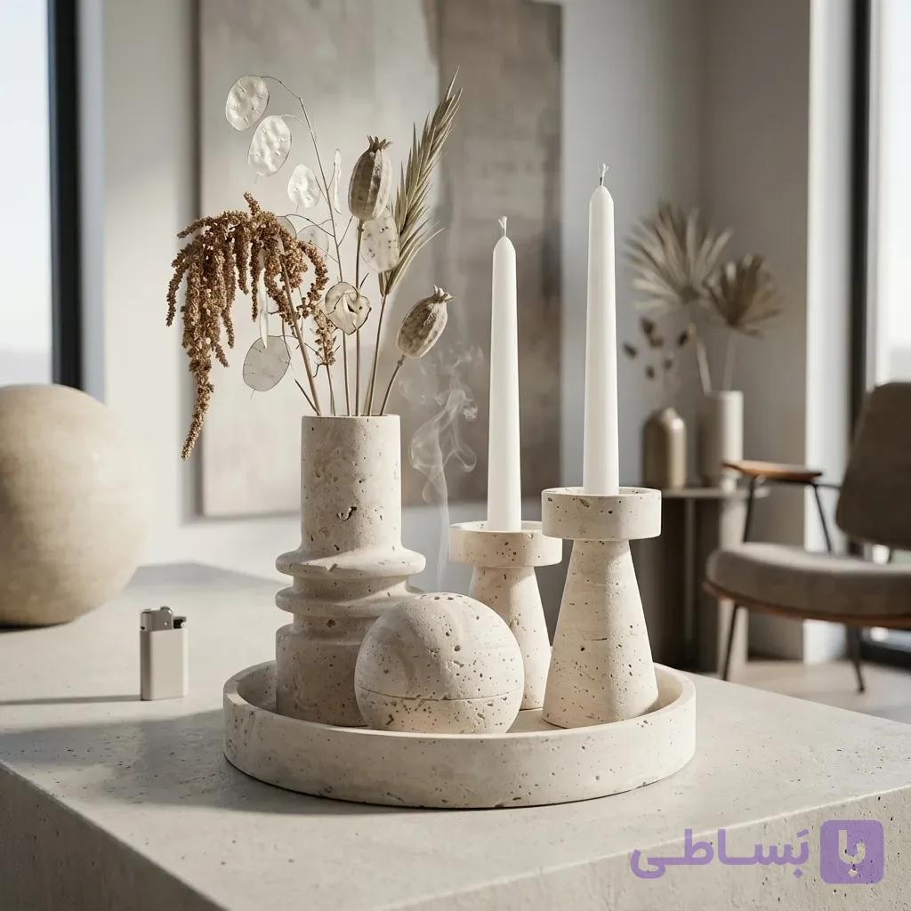 ست سنگی تراورتن هارمونی(سینی+جاعودی+گلدان و 2 عدد شمعدان) کد45481 — تصویر 1