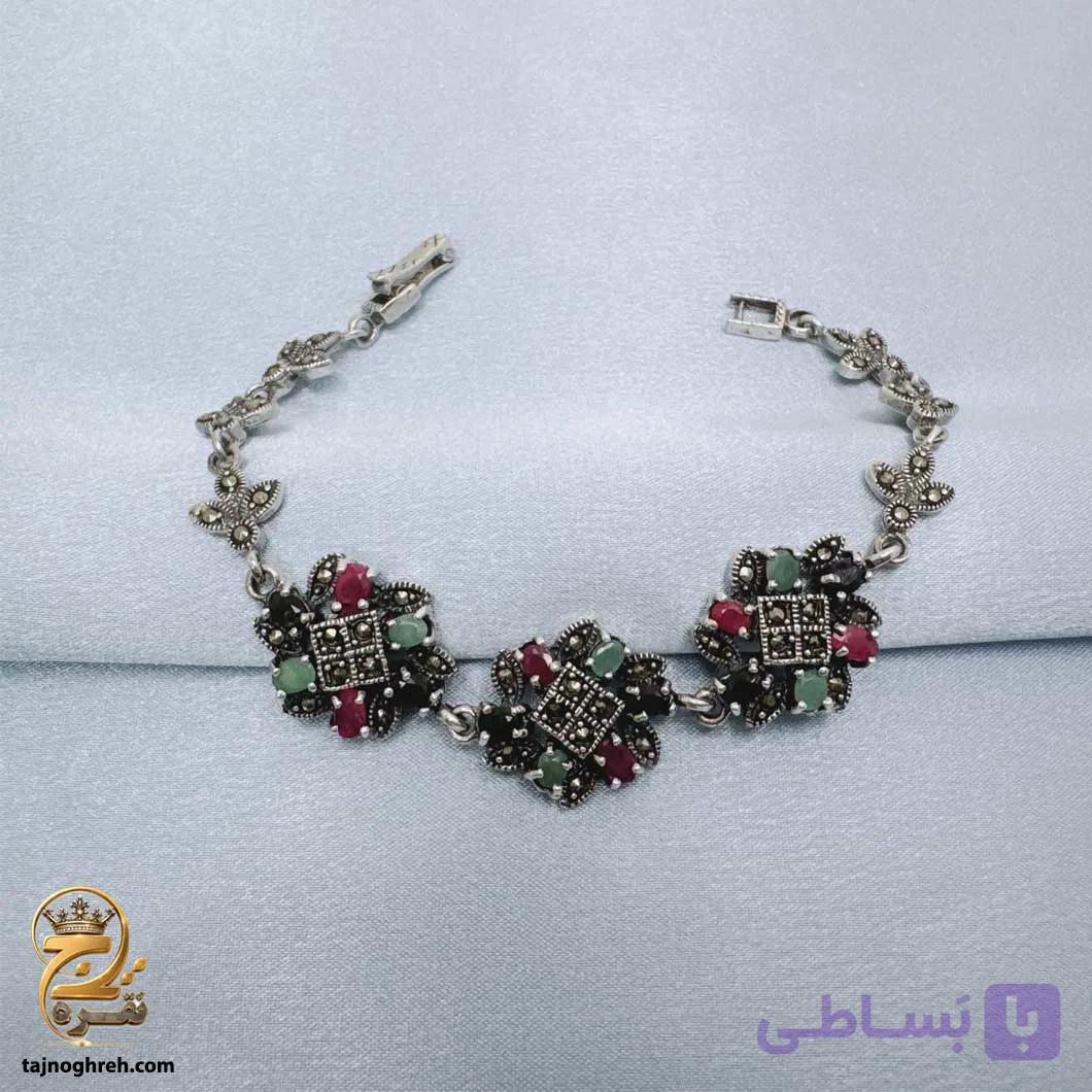 دستبند نقره زنانه 3 گل نگین رنگی مدل DSW D105 — تصویر 1