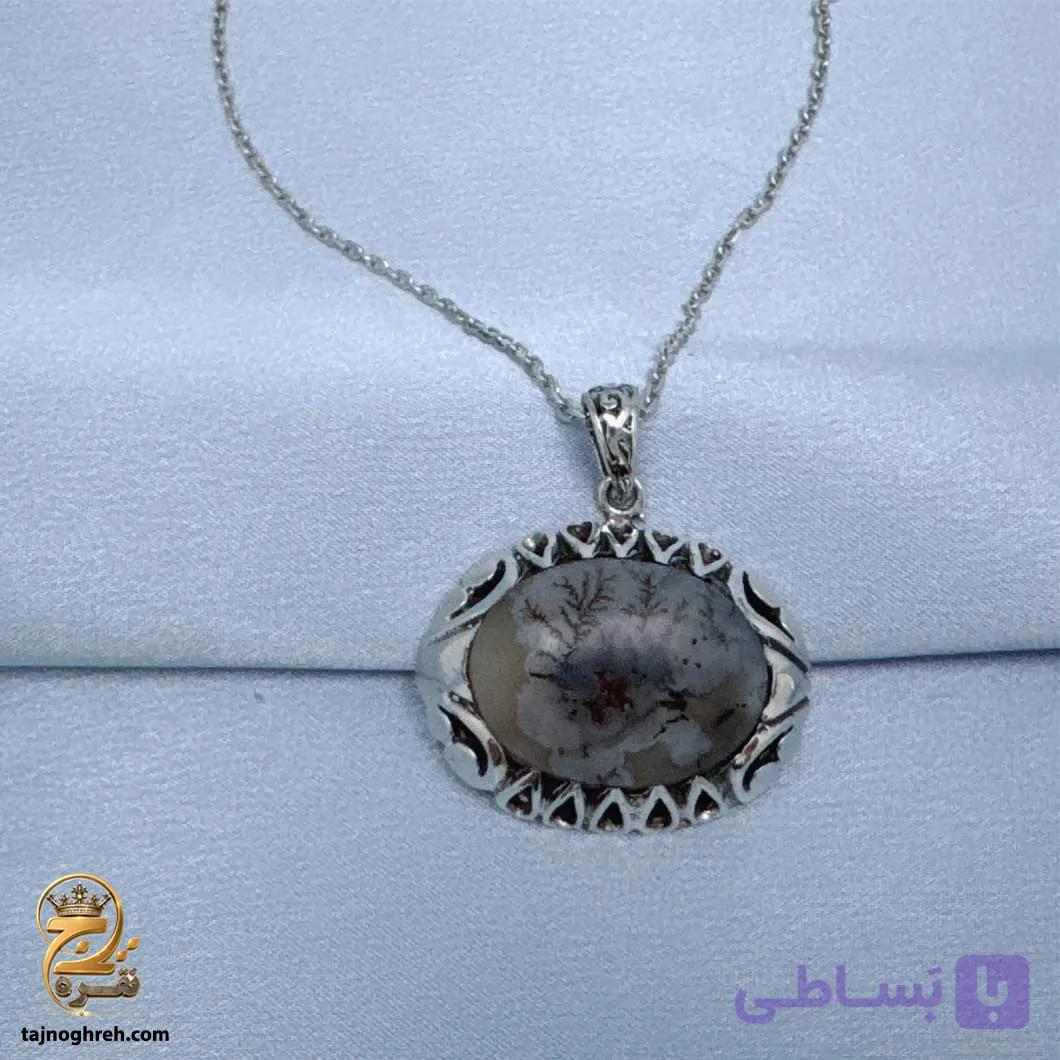 زنجیر و پلاک نقره مردانه با سنگ شجر مدل NSM N88 — تصویر 1