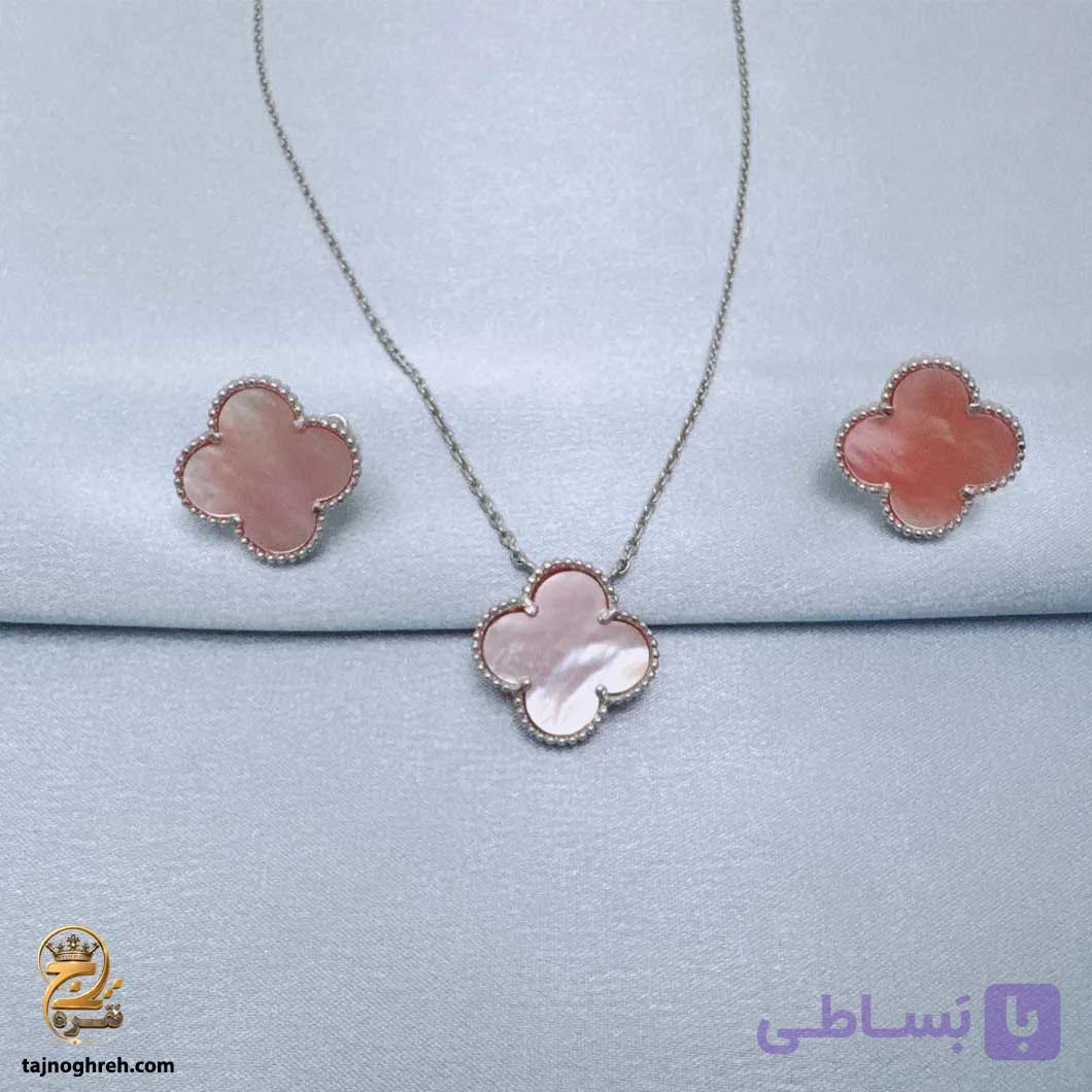 نیم ست نقره زنانه تک گل صدف صورتی مدل NSW H48 — تصویر 1