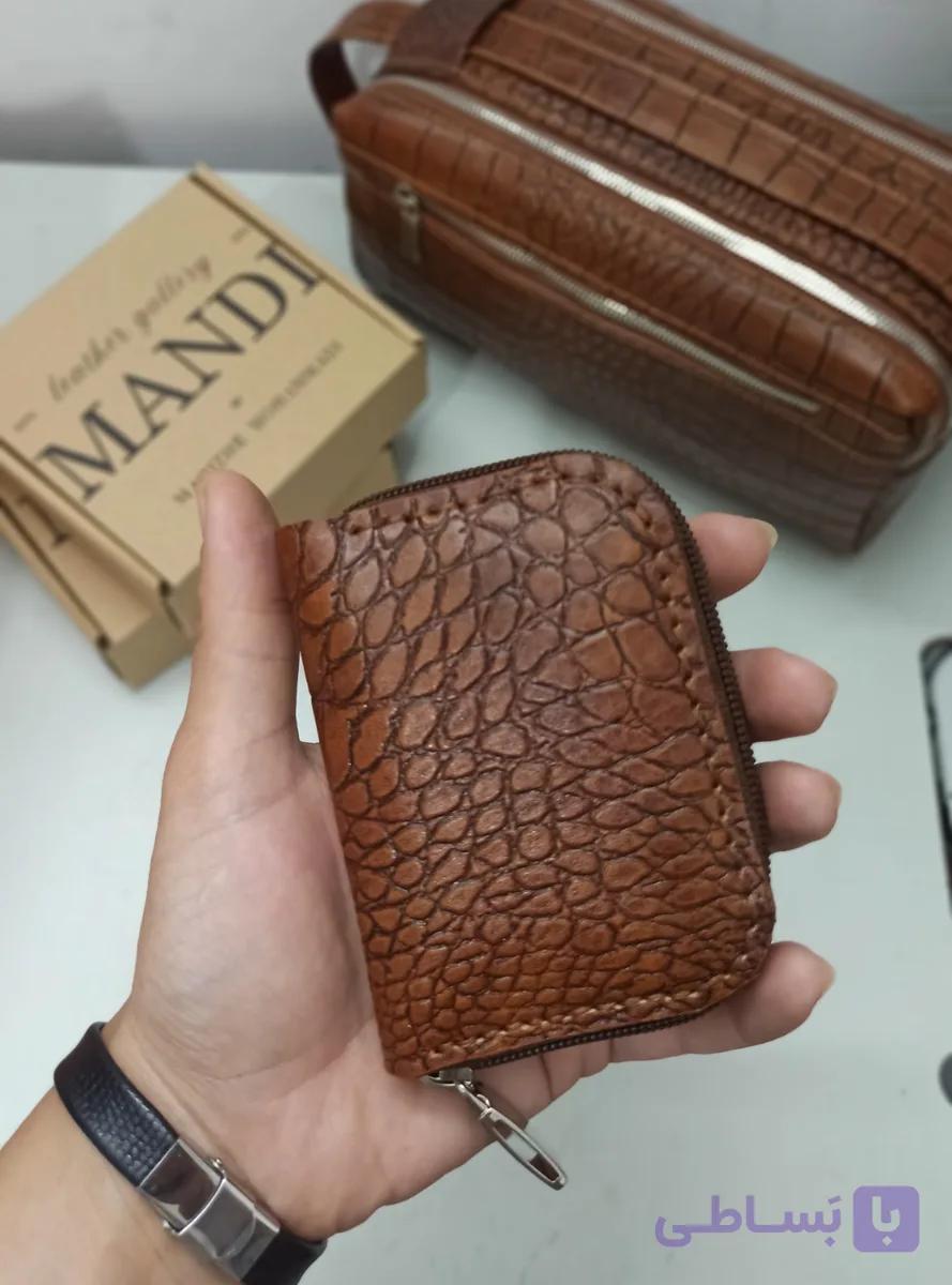جاکارتی جیبی چرم طبیعی پریما عسلی دستدوز مدل آکاردئونی