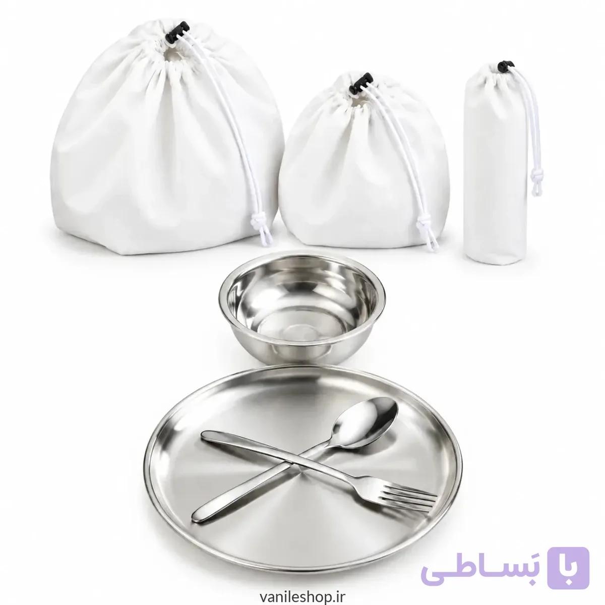 ست ظروف استیل 4 نفره و کیسه پارچه‌ای؛ کاسه، بشقاب، قاشق و چنگال — تصویر 1