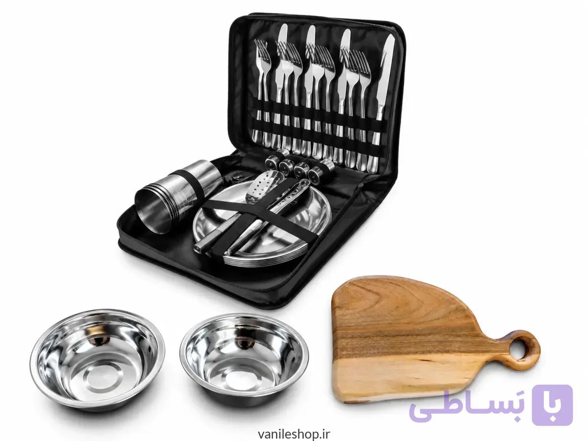 ست ظروف 4 نفره کمپینگ استیل(ضخیم) | به همراه کاسه+لیوان+تخته. — تصویر 1