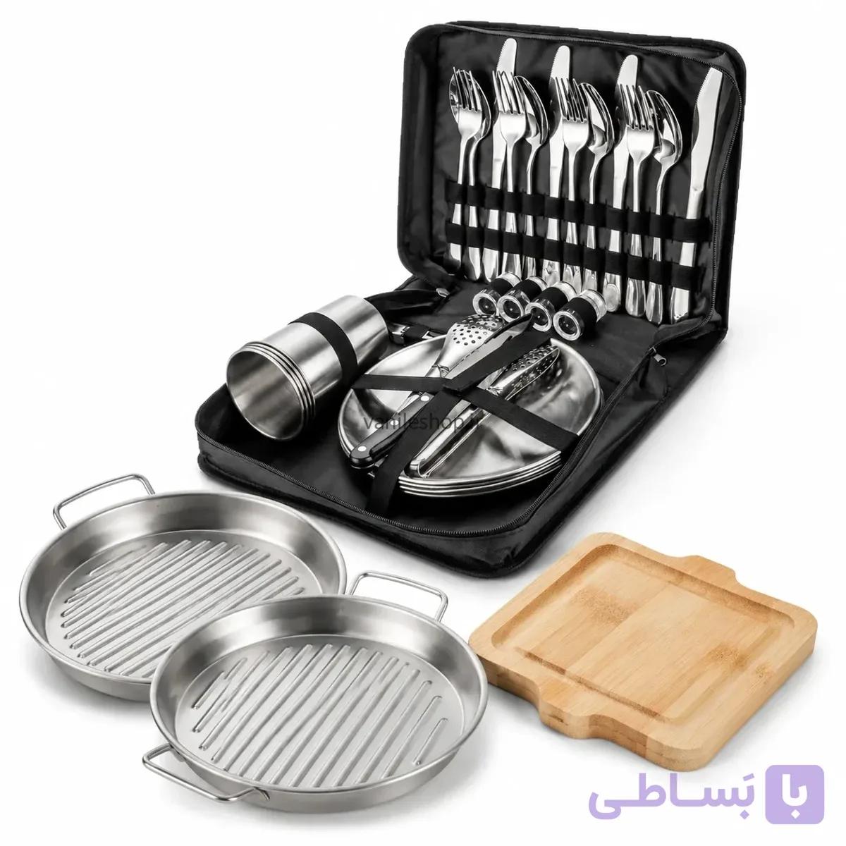 ست کامل ظروف کمپینگ استیل ضخیم+بشقاب سایز بزرگ — تصویر 1