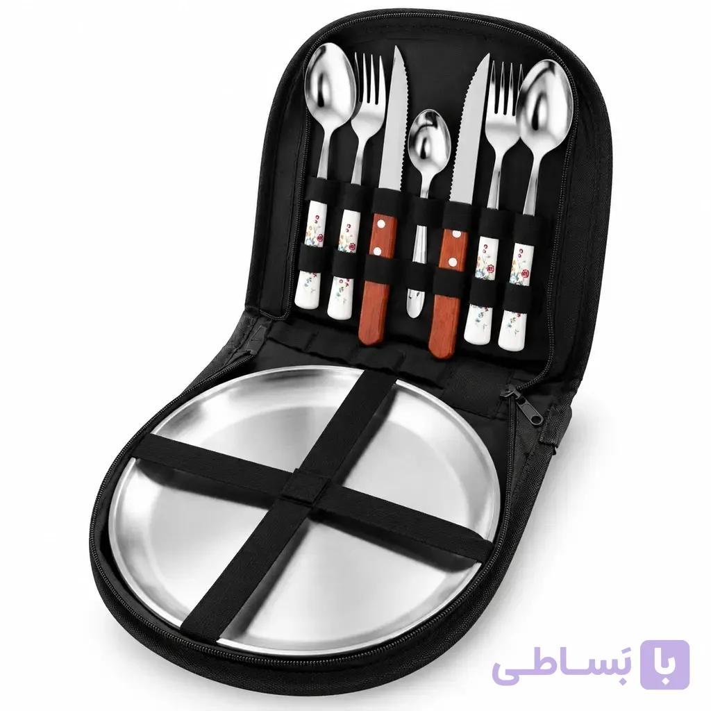 ست قاشق و چنگال مسافرتی دسته سرامیکی مدل لاکچری – شامل بشقاب استیل و کیف اختصاصی — تصویر 1