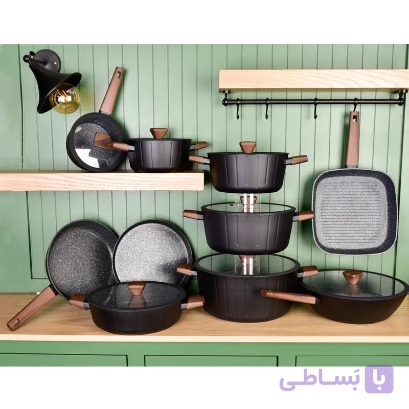 سرویس قابلمه و تابه 17 پارچه گرانیتی گری پن مدل دسته طرح چوبی — تصویر 1