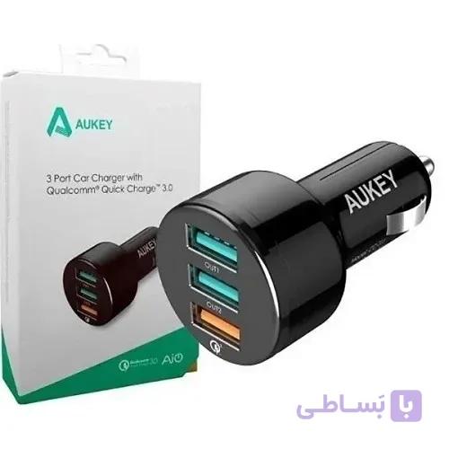 شارژر فندکی 3 پورت و فست شارژ آکی Aukey CC-T11 QC3.0 3A PD 42W به همراه کابل Type-C — تصویر 1