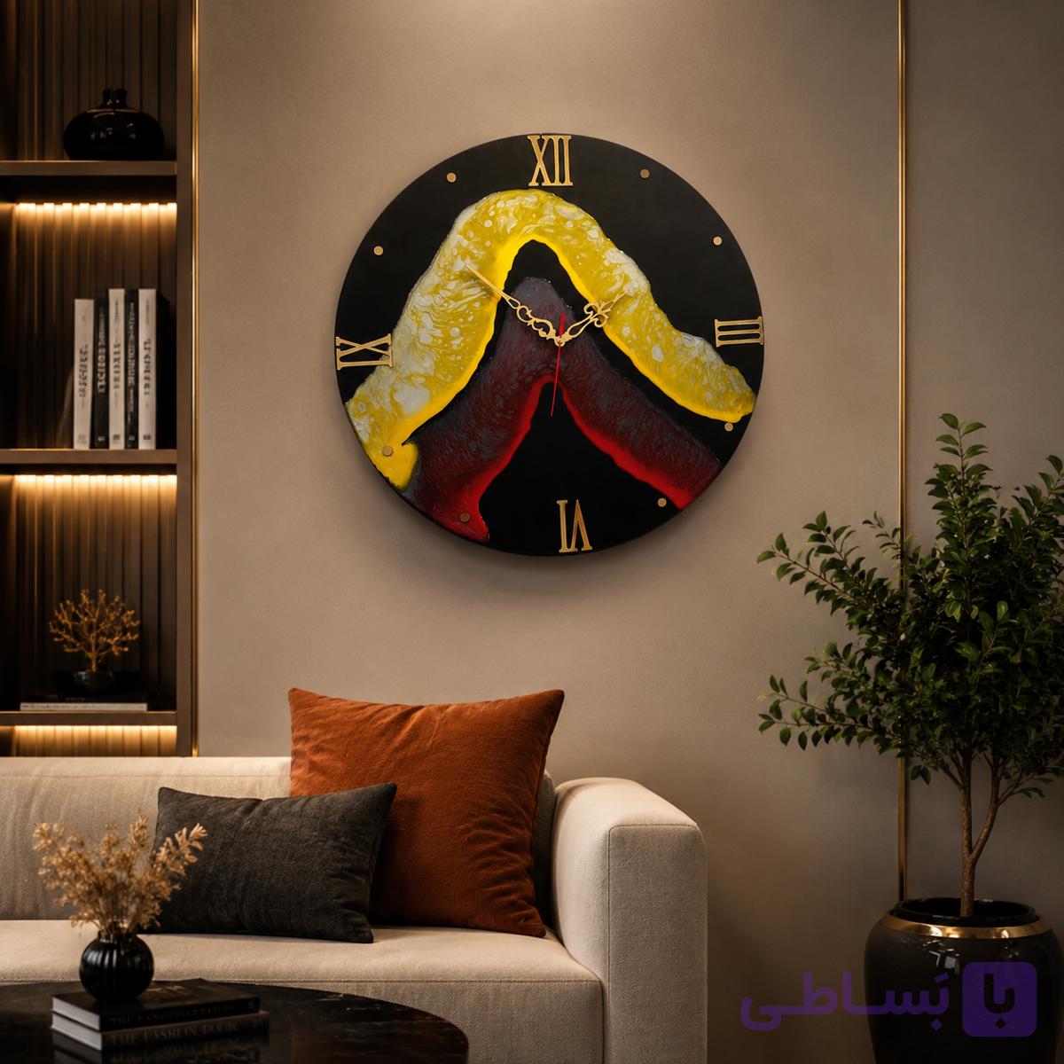 ساعت دیواری رزینی مستروود؛ طرح انتزاعی «آتش و هنر» (قطر ۵۰ سانت)