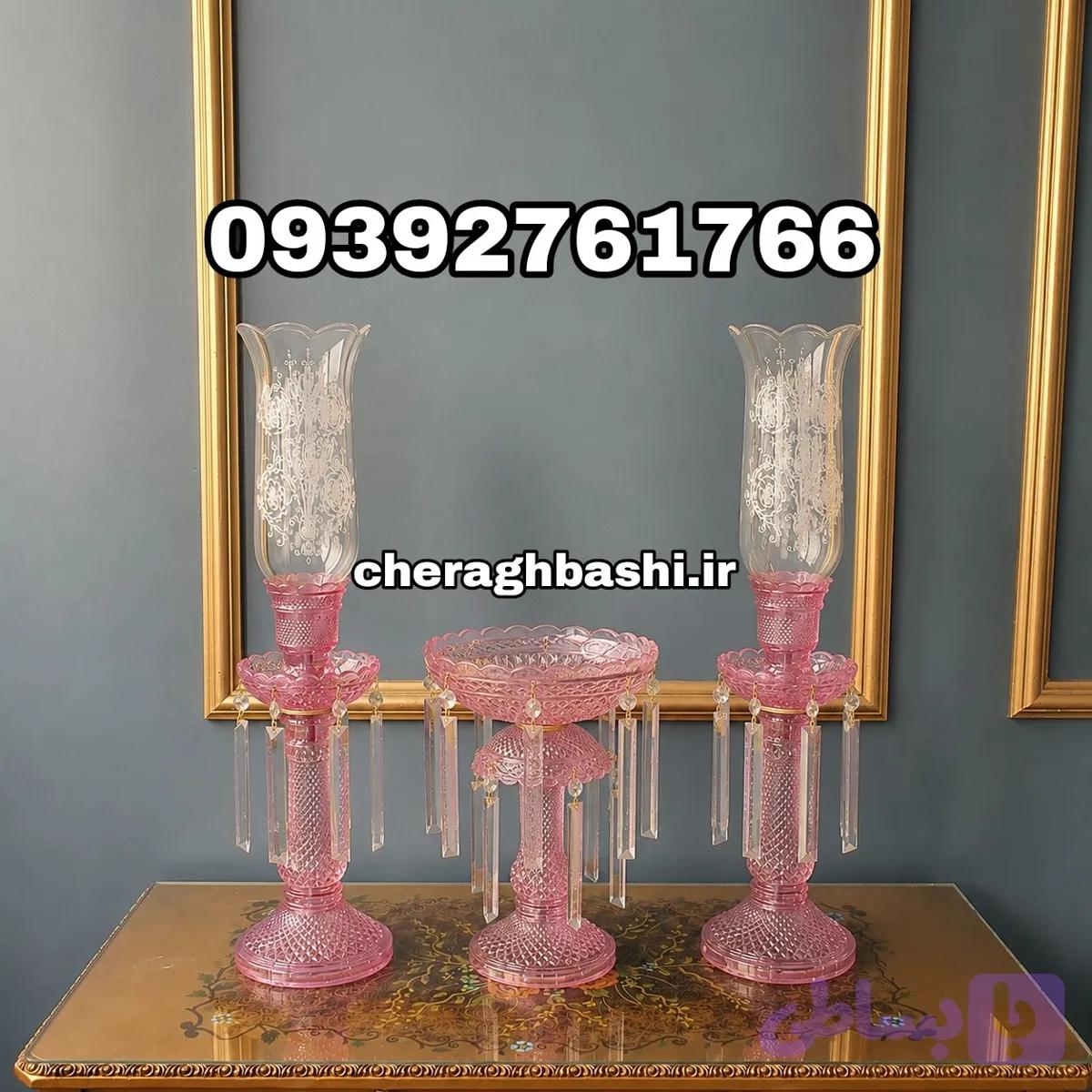 ست سه تیکه شمعدان با لاله و لاستر باکارات رنگ صورتی — تصویر 1