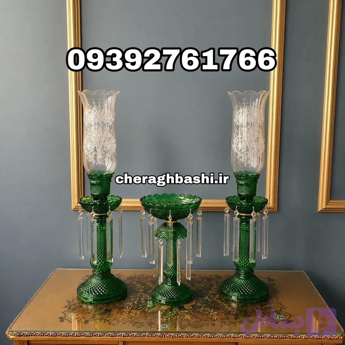 ست سه تیکه شمعدان با لاله و لاستر باکارات رنگ سبز — تصویر 1