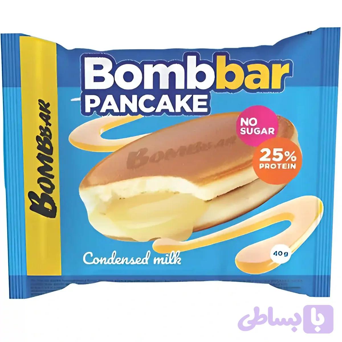 پنکیک پروتئینی بمببار با مغز شیر تغلیظ شده Bombbar Pancake Condensed Milk وزن 40 گرم 3 عددی