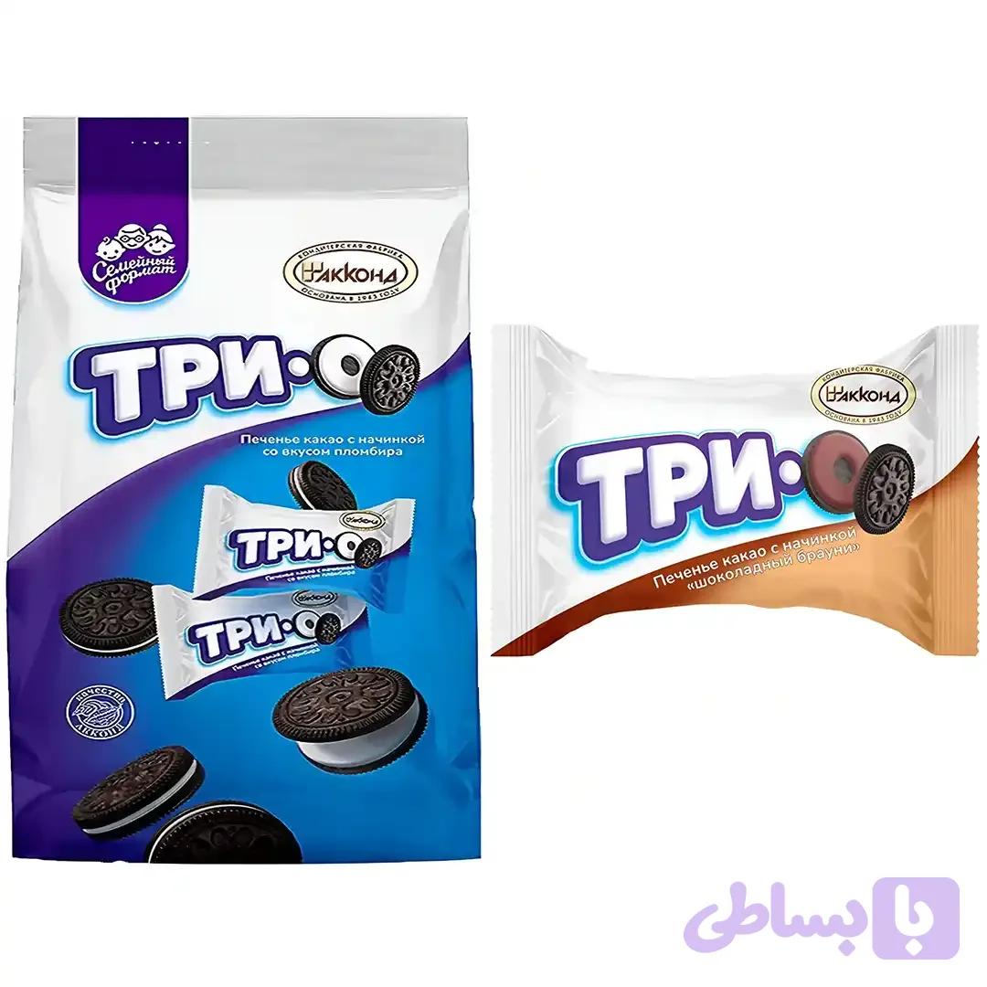 پک میکس بیسکوییت های تریو آکوند کاکائو Akkond ТРИО با مغزی با طعم های براونی شکلاتی،بستنی بسته 500 گرمی