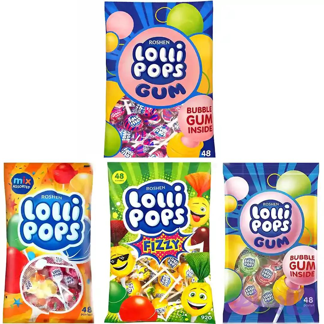پک میکس آبنبات های چوبی روشن لالی پاپس Roshen Lolli Pops با طعم های میکس کوکتل،کولا،میکس میوه ای بسته 1 کیلویی