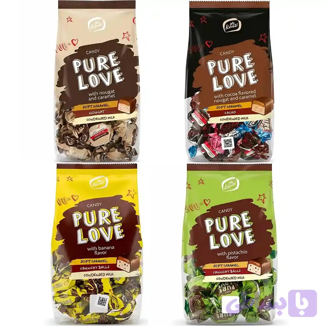 پک میکس شکلات های کنتی Konti مدل Pure Love با طعم های کاکائو،موزی،پسته ای،کاراملی بسته 1 کیلویی — تصویر 1