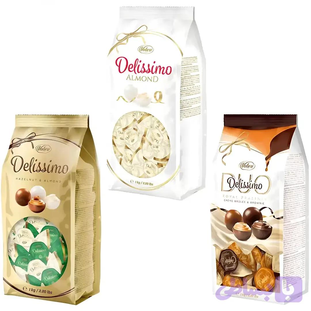 پک میکس شکلات های دلیسیمو وبرو Vobro Delissimo با مغز فندق و بادام،کرم برولی و براونی،کرم بادام بسته 1 کیلویی
