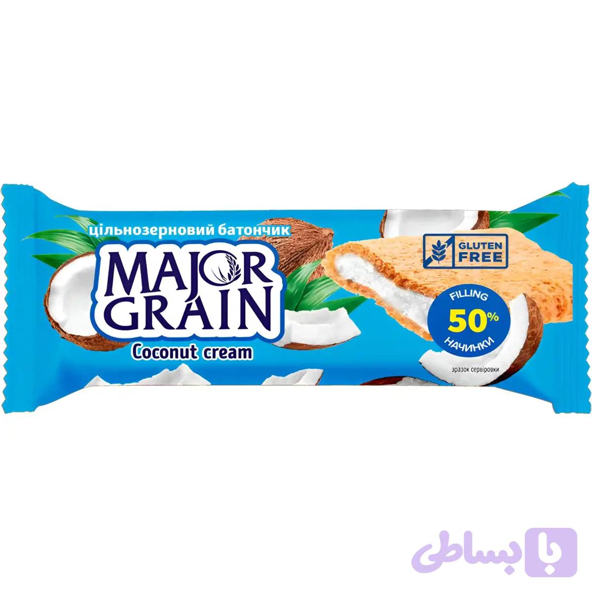 غلات بار رژیمی میجور گرین با مغز کرم نارگیل Major Grain Coconut وزن 40 گرم بسته 32 تایی