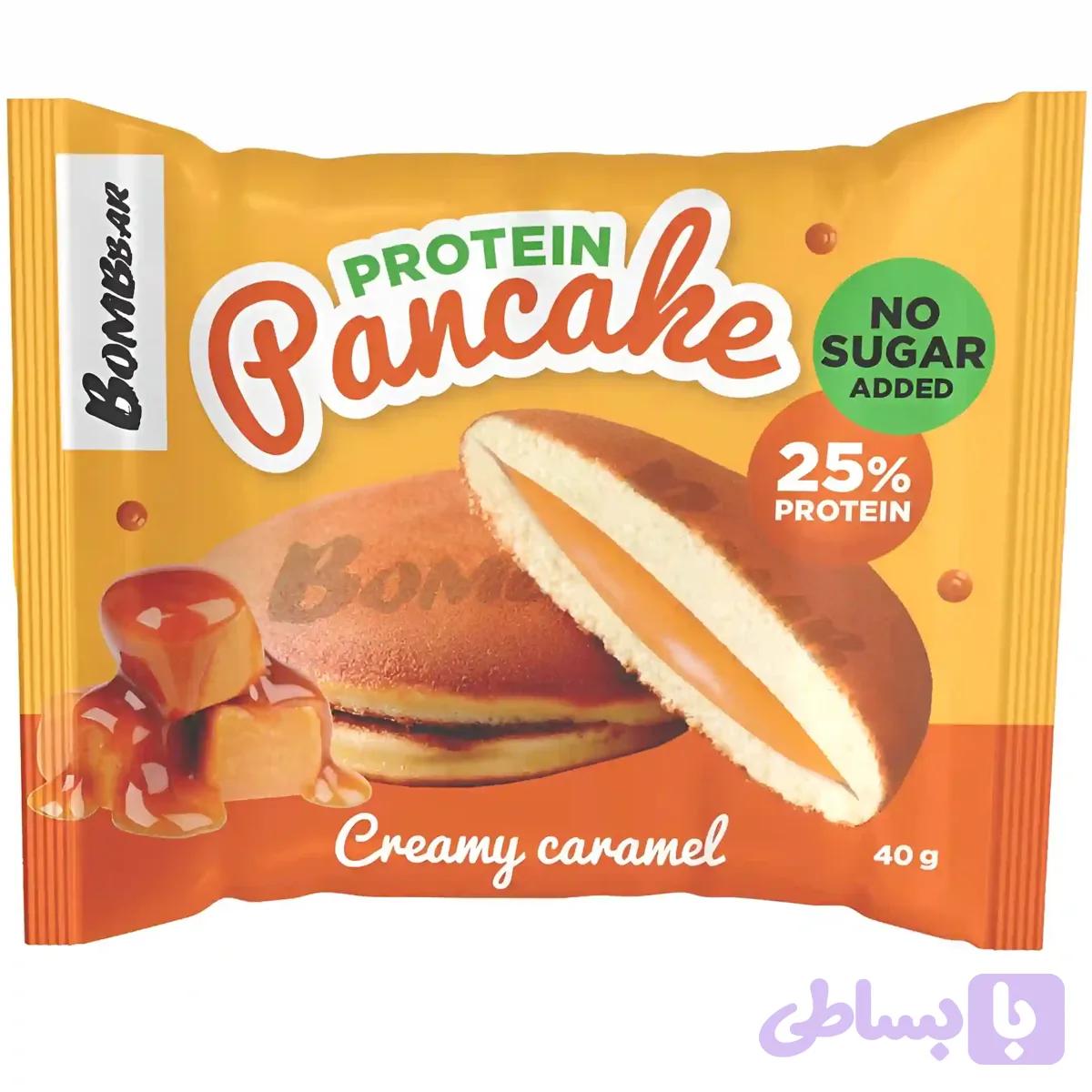 پنکیک پروتئینی بمببار با مغز کرم کاراملی Bombbar Pancake Creamy Caramel وزن 40 گرم 3 عددی