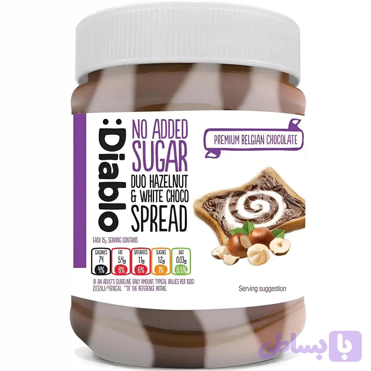 شکلات فندق و شکلات سفید دیابلو بدون شکر افزوده Diablo Duo Hazelnut & White Choco Spread وزن ۳۵۰ گرم