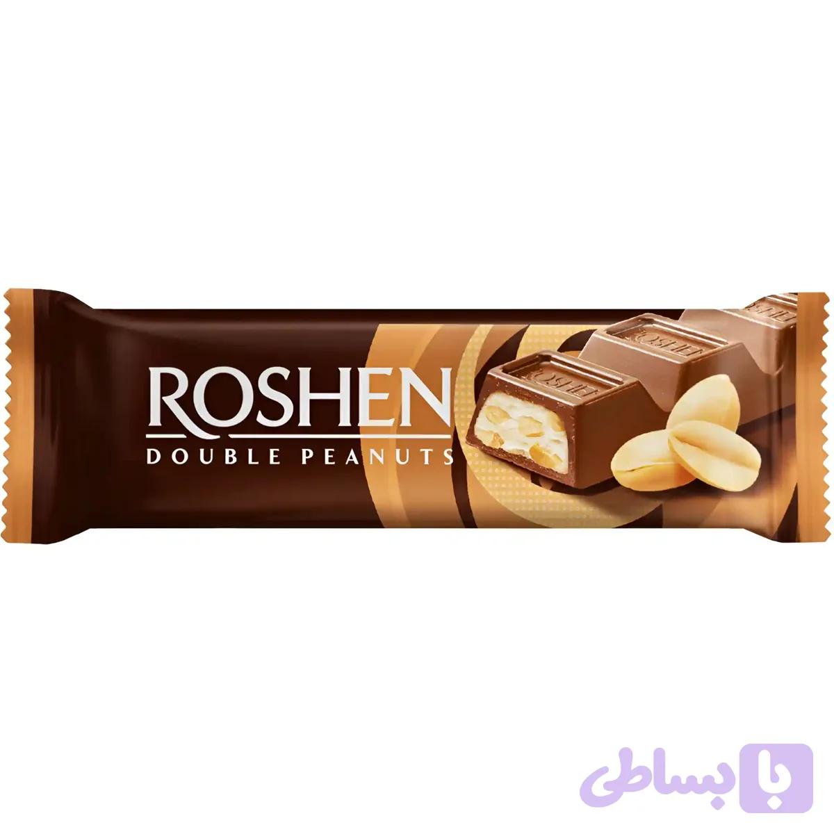 شکلات بار شیری روشن با مغز کرم و تکه‌های بادام زمینی Roshen Double Peanuts وزن ۲۹ گرم 6 عددی