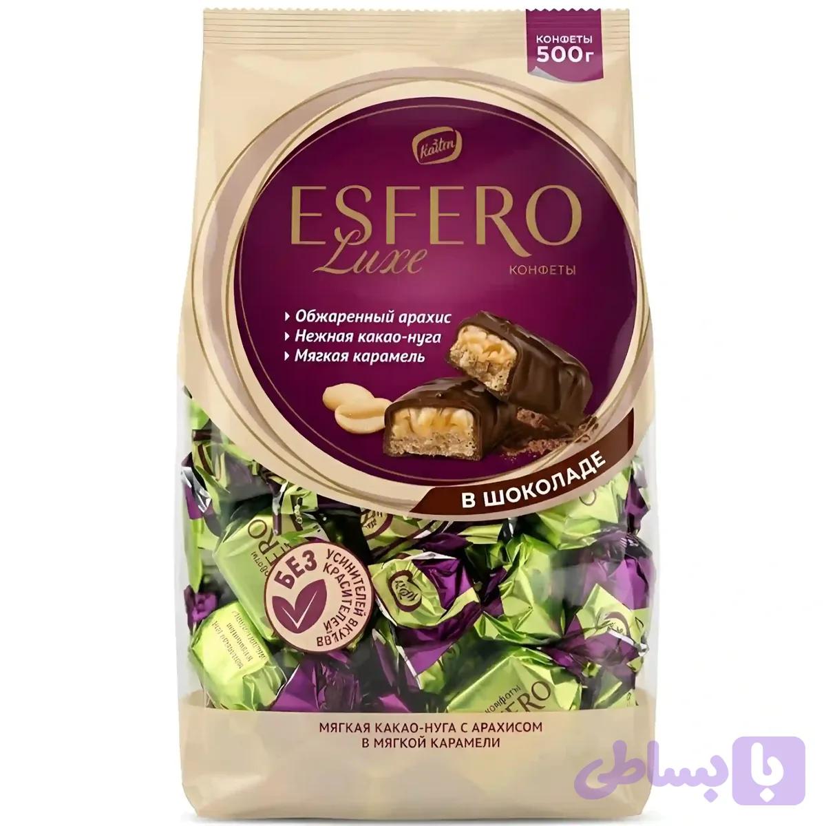 شکلات مغزدار اسفرو لوکس کنتی با نوقای نرم و بادام زمینی برشته و کارامل Konti Esfero Luxe بسته 500 گرمی