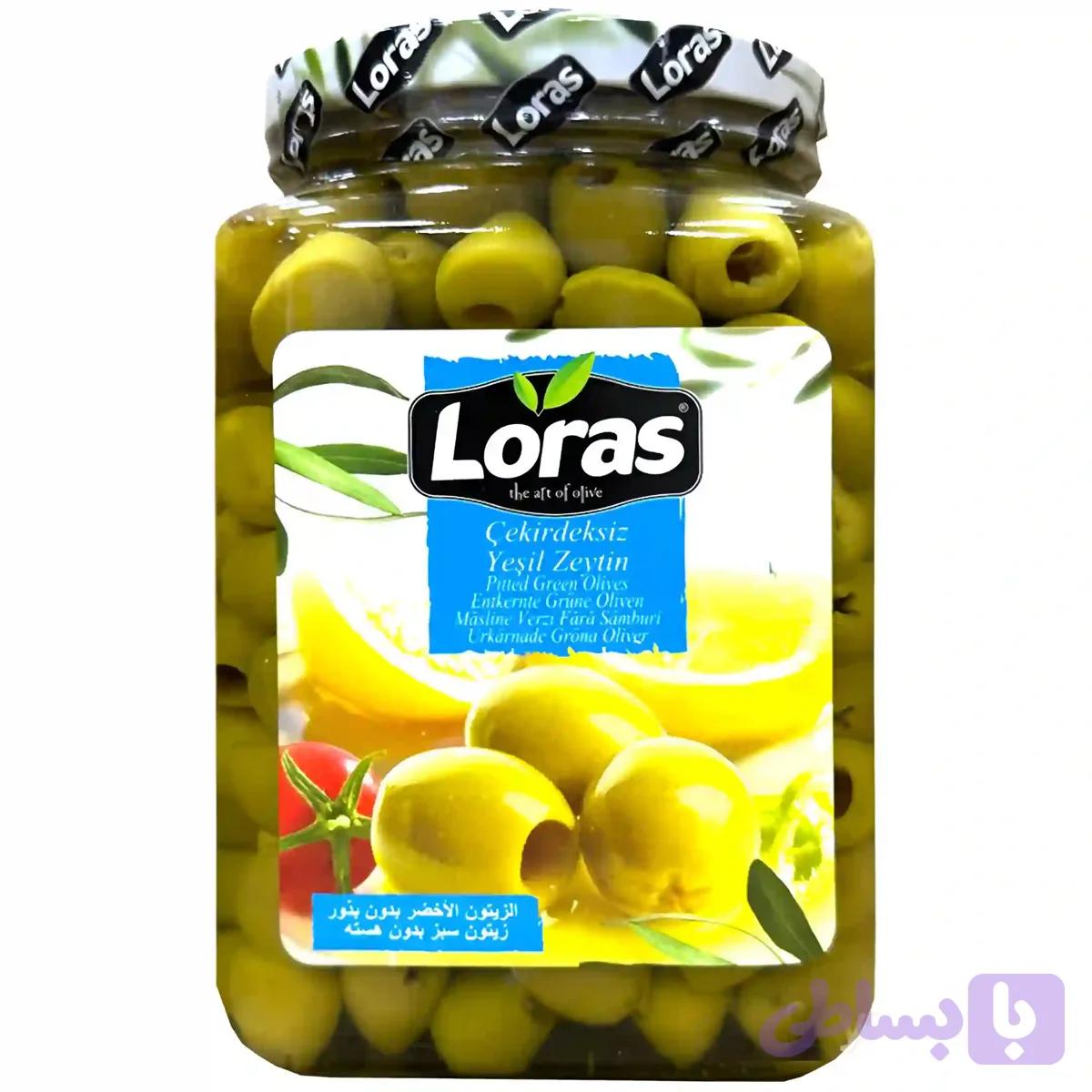 زیتون سبز درشت بدون هسته لوراس Loras Cekirdeksiz Yesil Zeytin وزن 800 گرم