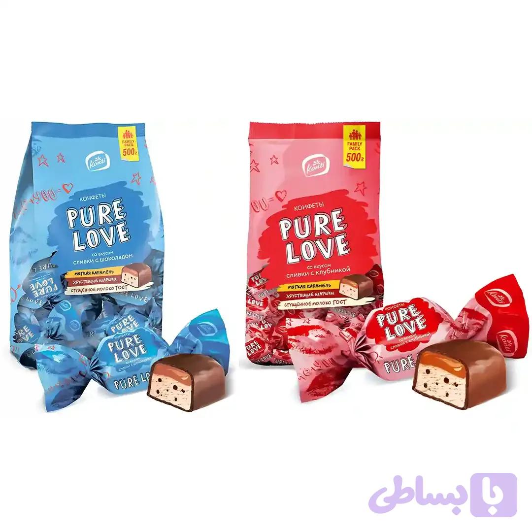 پک میکس شکلات های کنتی Konti مدل Pure Love با کرم های توت فرنگی و خامه،شکلاتی و خامه بسته 500 گرمی