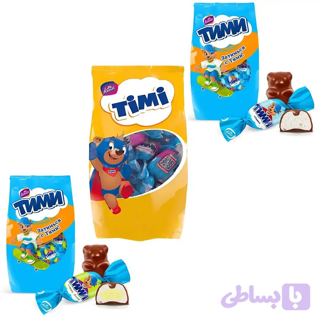 پک میکس شکلات های کنتی Konti مدل Timi با مغز کرم بلوبری،خامه ای،موز و شیر بسته 1 کیلویی