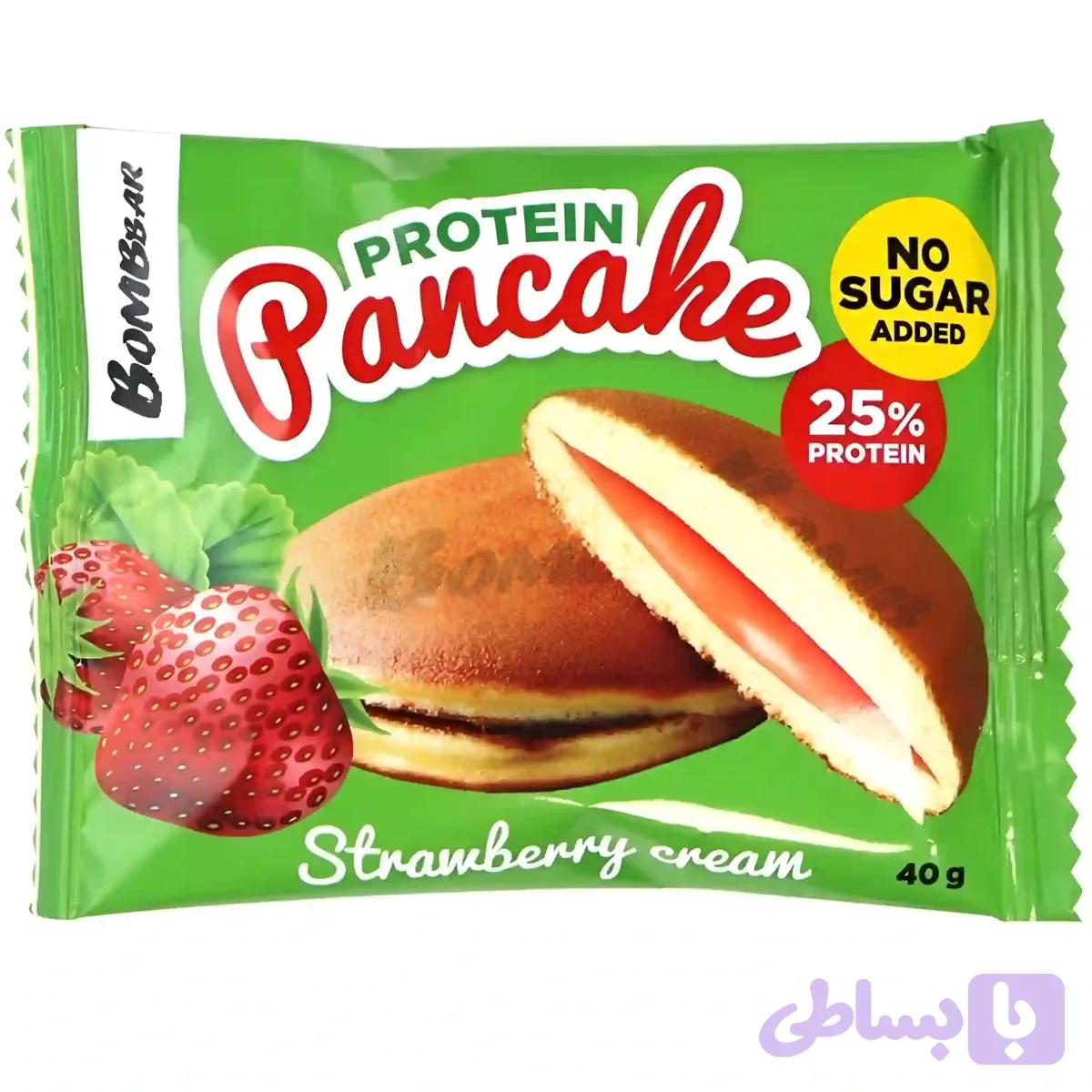 پنکیک پروتئینی بمببار با مغز کرم توت فرنگی Bombbar Pancake Strawberry Cream وزن 40 گرم 3 عددی