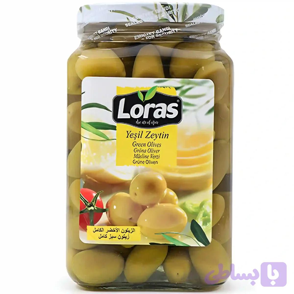 زیتون سبز هسته دار وکیومی لوراس Loras Yesil Zeytin وزن 400 گرم