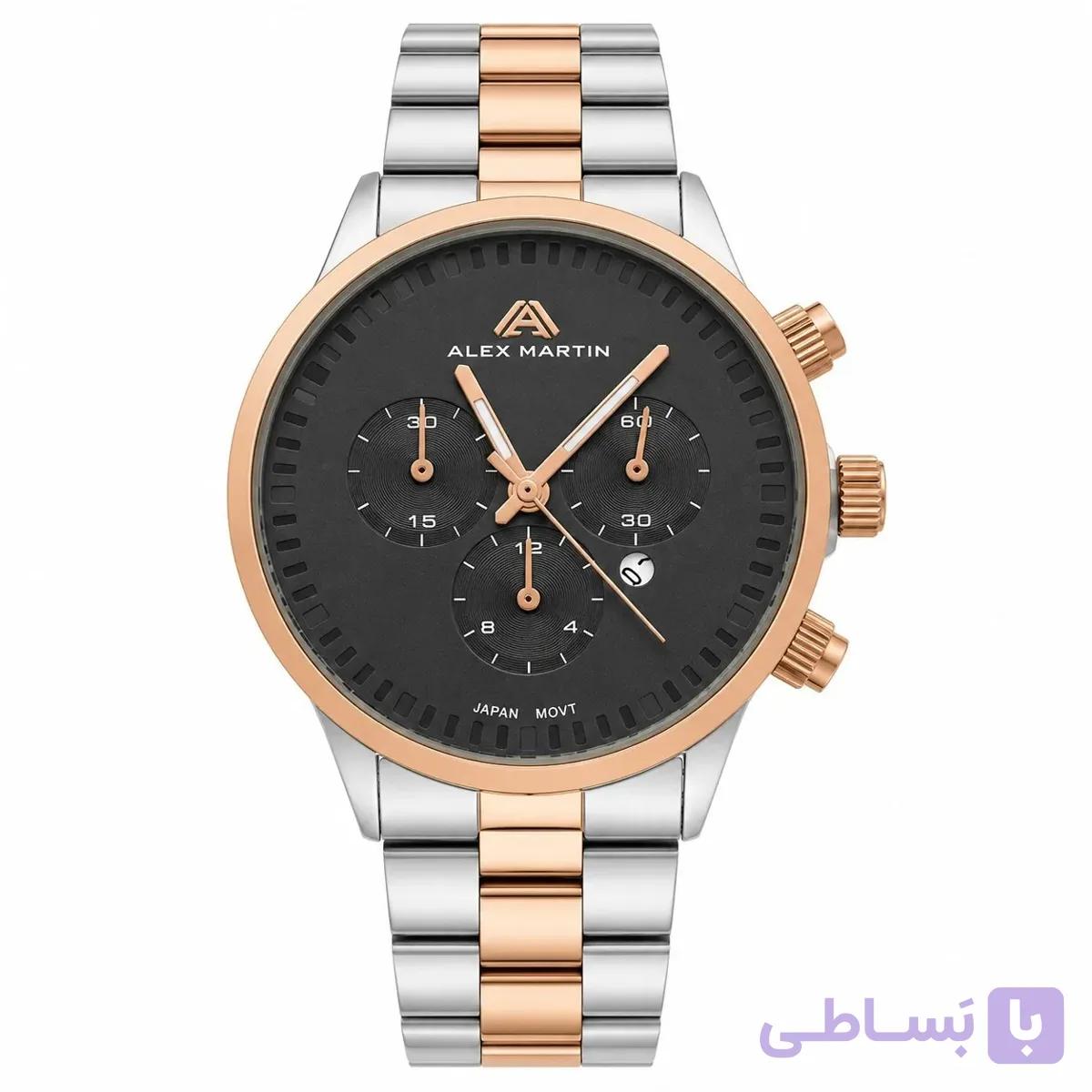 ساعت مچی مردانه استیل رزگلد الکس مارتین مدل 7107 صفحه مشکی با موتور میوتا ژاپن و تقویم